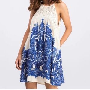 Free People Shea Printed Mini Dress Blue and Cream